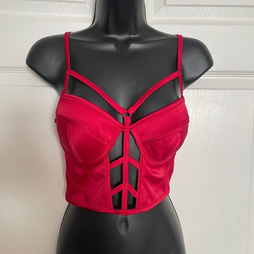 Charlotte Russe Y2K Bustier Corset Top Junior XS Red Strappy Cutout Padded‎ Zip
